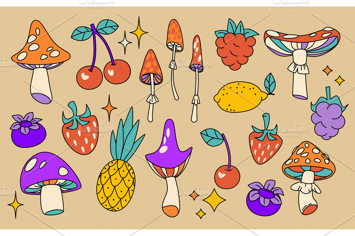 Retro mushroom and fruit rainbow, a Food Illustration by art PVP - market