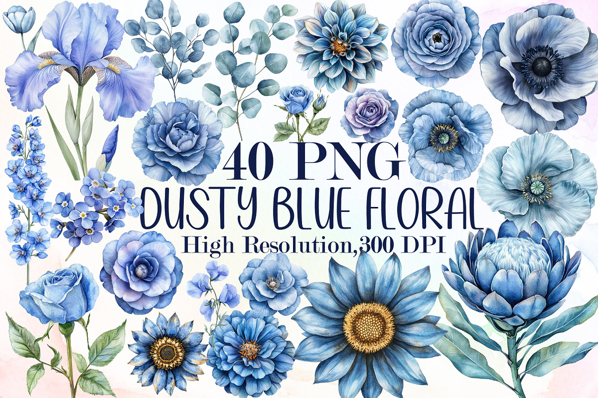 Dusty Blue Floral Clipart Watercolor, an Illustration by Sublimation Artist (Photo 1 of 6)