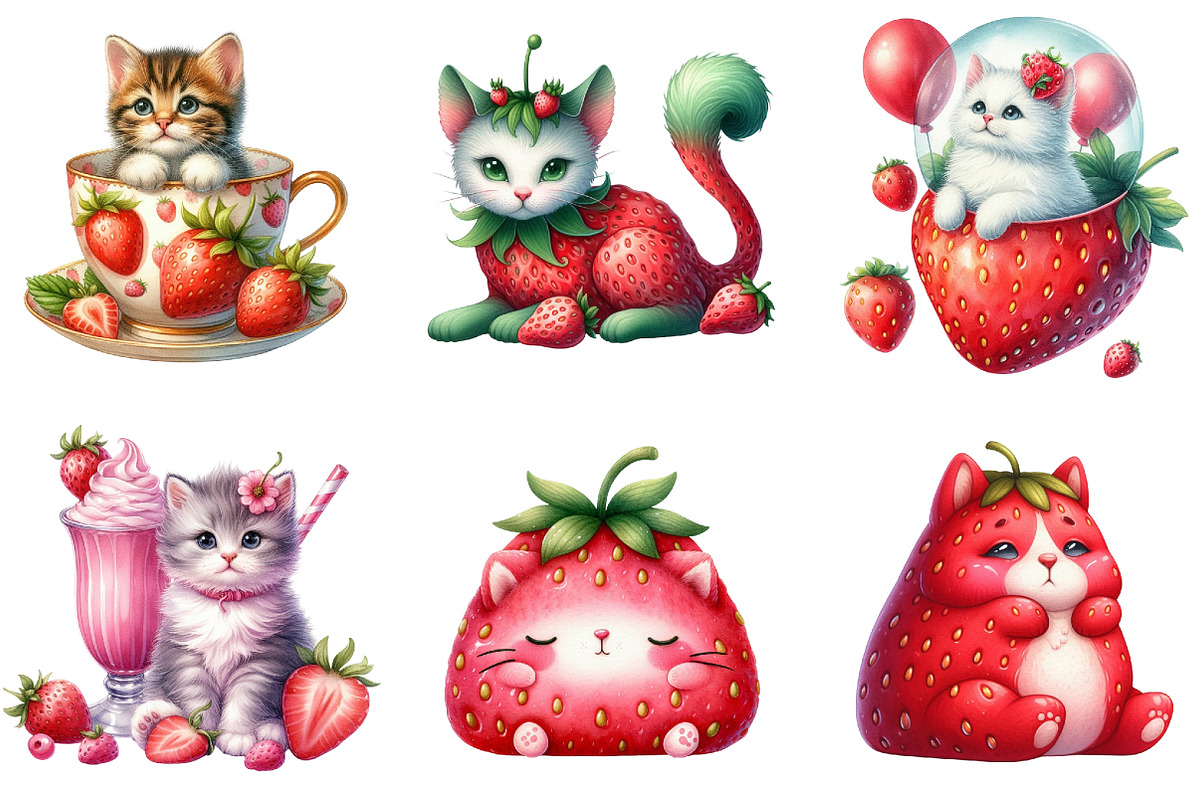 Strawberry Cat Clipart, an Animal Illustration by DreamArtGraphic (Photo 2 of 4)