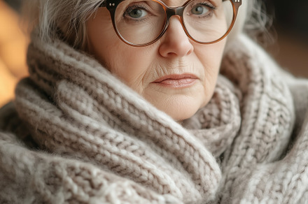 A close-up portrait of an elderly woman with gray hair and glasses, wrapped in, a Person Photo by Textures & Backgrounds