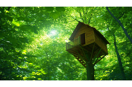 Wooden Treehouse Perched Amidst Lush, a Nature Photo by Lermont51