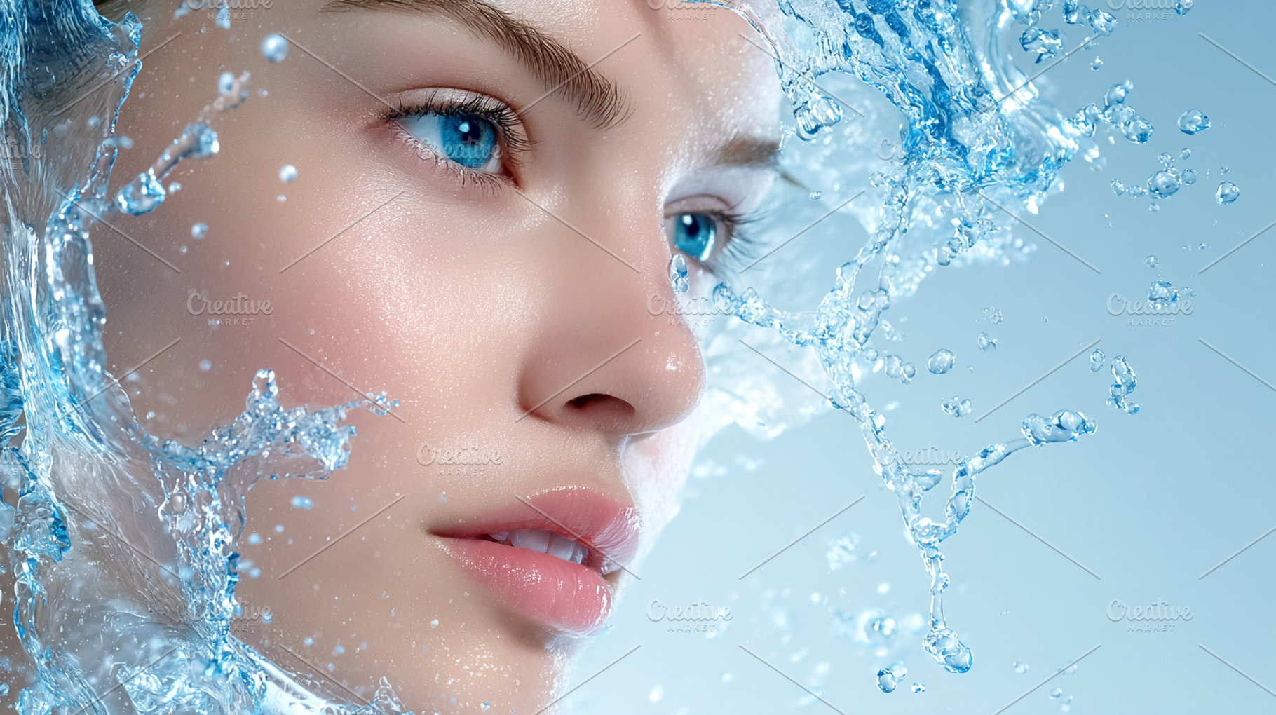 Woman's fair skin with blue eyes experiencing a refreshing water, a Photo by Studio ANNA