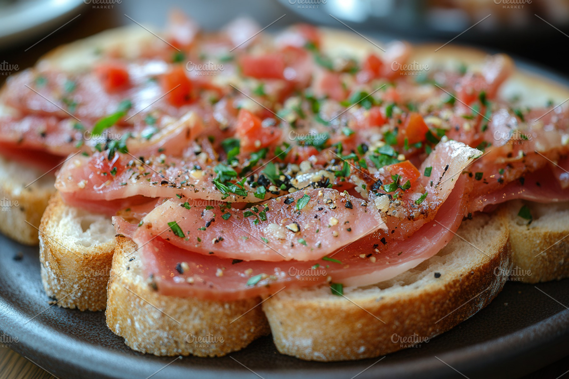 Delicious open-faced sandwich topped, a Photo by Tanuart