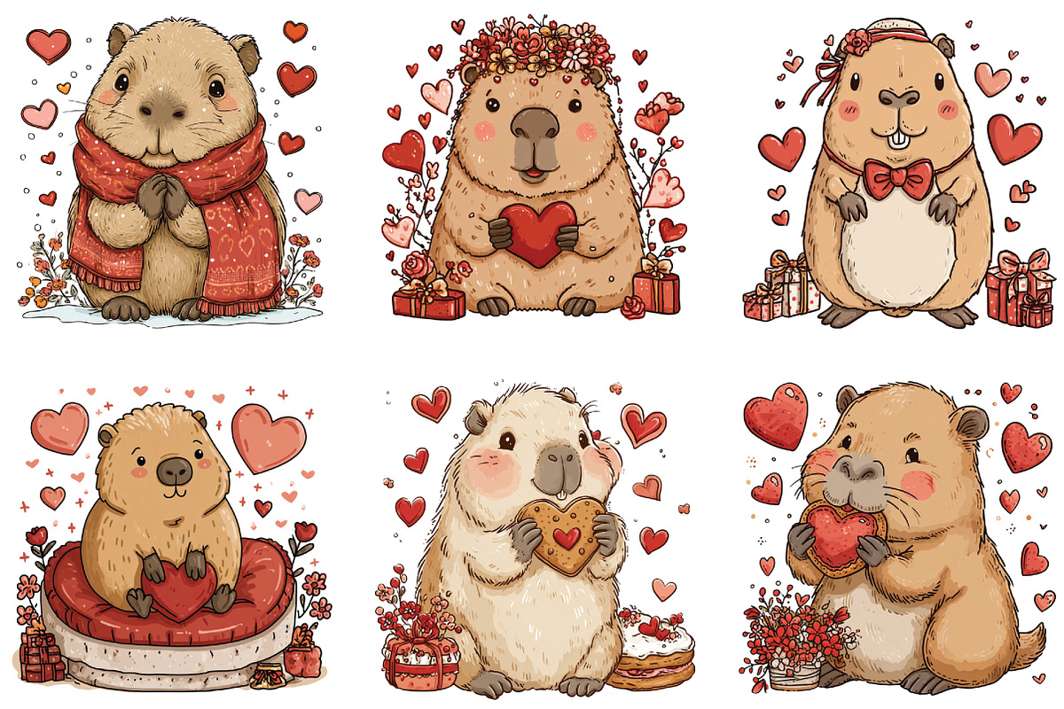 Watercolor Capybara Valentine Clipar, an Illustration by CraftArtStudio (Photo 5 of 6)