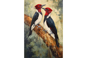 Red Headed Birds on Branch Art, an Animal Illustration by Art Paradise Studios