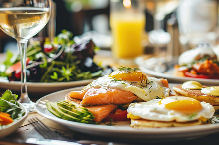 A hearty breakfast setup with eggs b, a Photo by LOGOCREATIVE