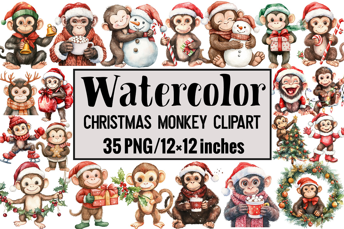 Christmas Monkey Clipart, an Illustration by Design Market (Photo 1 of 4)