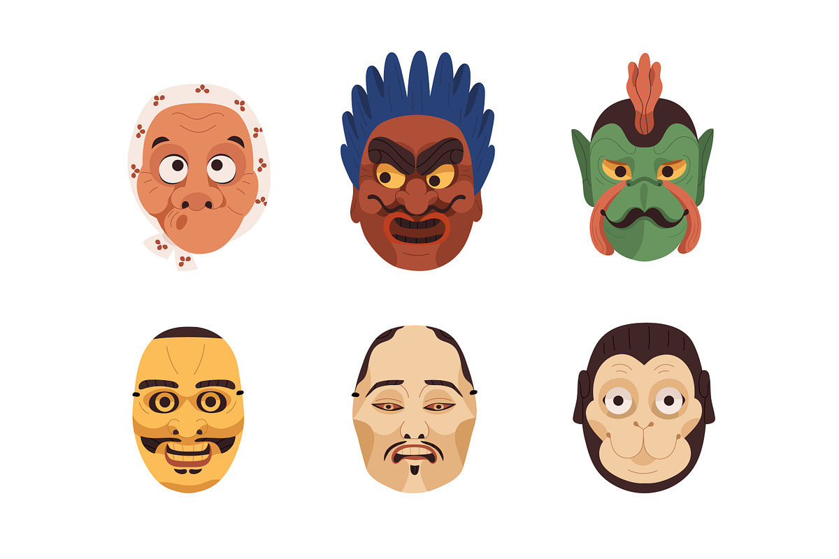 Japanese Noh theatrical masks set, a Decorative Illustration by Good Studio (Photo 4 of 7)
