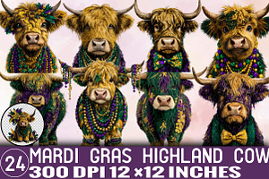Cute Mardi Gras Highland Cow Clipart, an Illustration by SVGArt