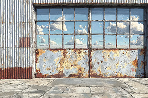 Rustic metal garage exterior with reflection of clouds in glass panel doors, an Illustration by AS photostudio