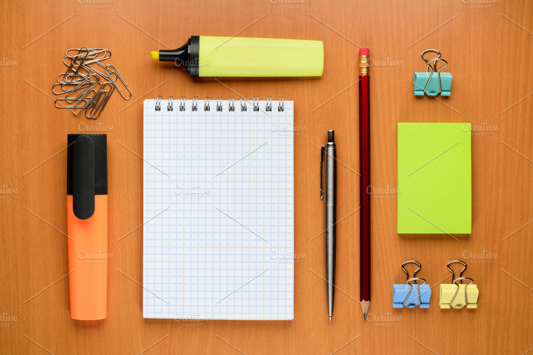 Set of office supplies containing office, supplies, and table