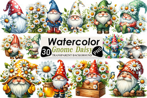 White Gnome Daisy Watercolor Clipart, an Illustration by Black Bird Studio