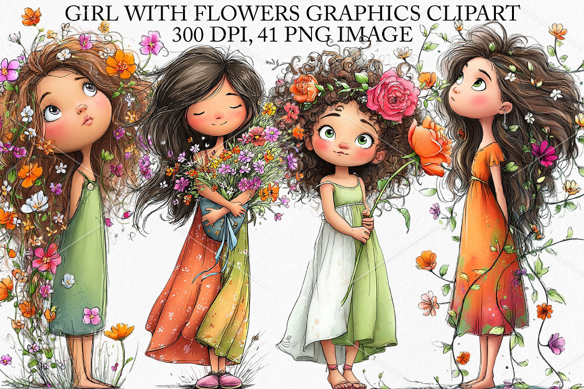 Girl with Flowers Graphics Clipart, an Illustration by Canvas Craft (Photo 1 of 7)