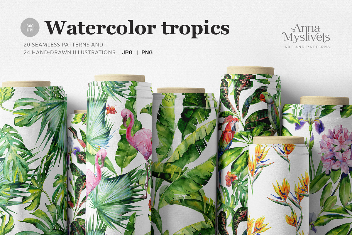 Watercolor tropics, a Pattern Graphic by Anna Myslivets Art (Photo 1 of 12)