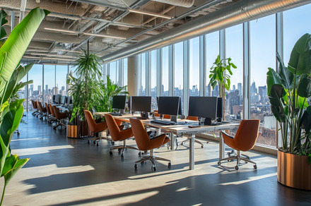 Modern Office with Green Plants and City Skyline View, an Abstract Photo by Natalia Klenova's Shop