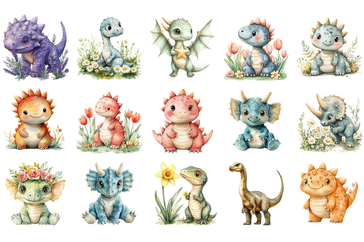Dinosaurs Watercolor Clipart, an Illustration by Designking (Photo 3 of 5)
