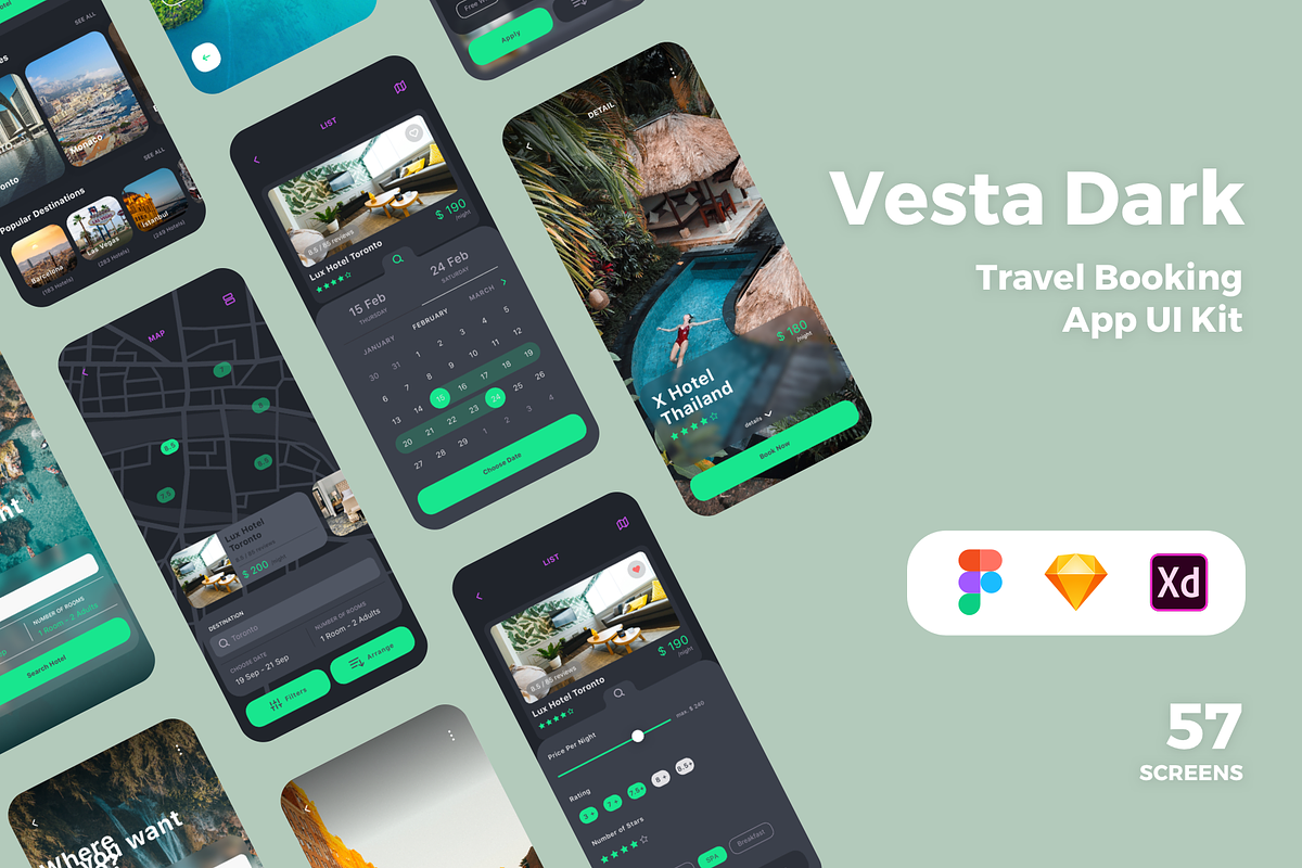 Vesta Dark Travel Booking App UI Kit, an UI Kit Template by uicube (Photo 1 of 6)