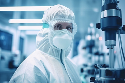 A man microbiologist in sterile clothing, wearing protctive costume and glasses, an Abstract Photo by Natalia Klenova's Shop