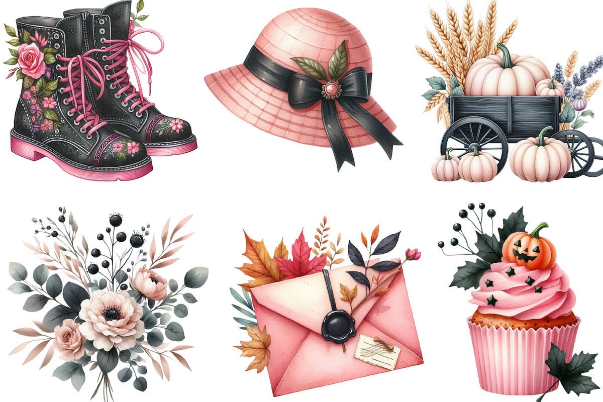 Watercolor Pink and Black Autumn PNG, an Illustration by Designking (Photo 3 of 4)