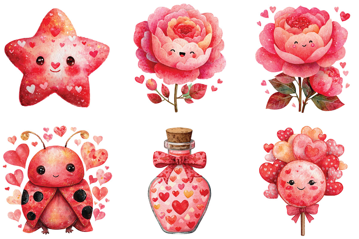 Watercolor Kawaii Valentine Clipart, an Illustration by CraftArtStudio (Photo 4 of 6)