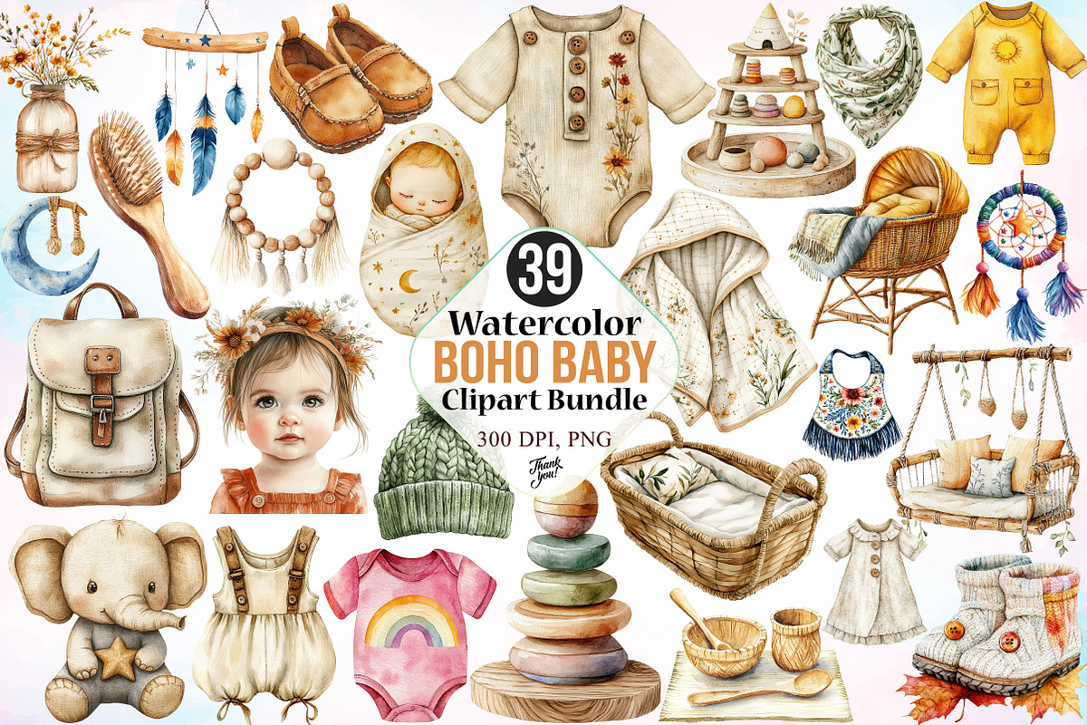 Watercolor Boho Baby Clipart Bundle, an Illustration by Canvas Craft (Photo 1 of 3)