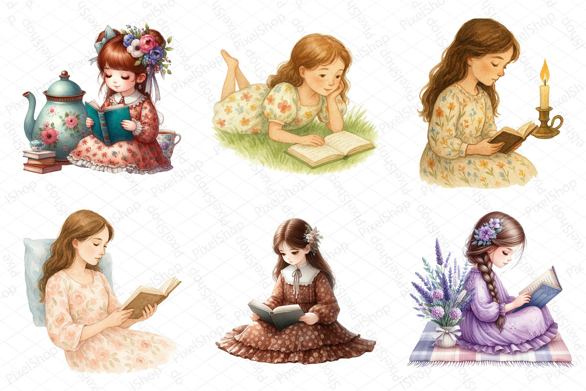 Girl in Floral Dress Read Book Clipa, an Illustration by DreamPrint404 (Photo 2 of 4)
