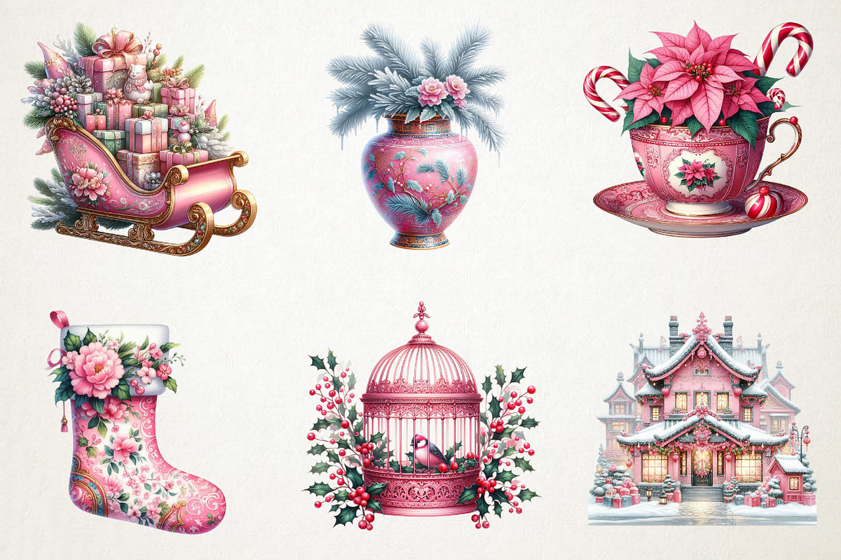 Pink Chinoiseries Christmas Clipart, an Illustration by RobertsArt (Photo 7 of 7)
