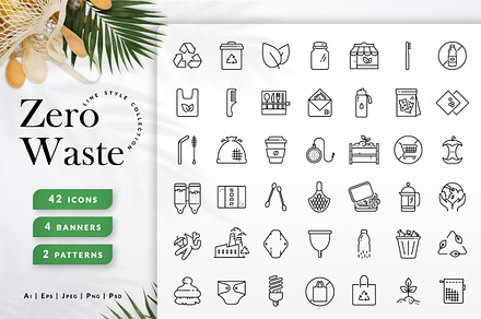 Zero Waste Lifestyle. Line icons.