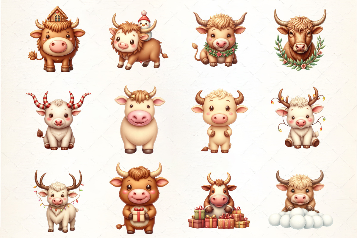 Cute Christmas Highland Cow Clipart, an Illustration by CrexoraLab (Photo 3 of 5)