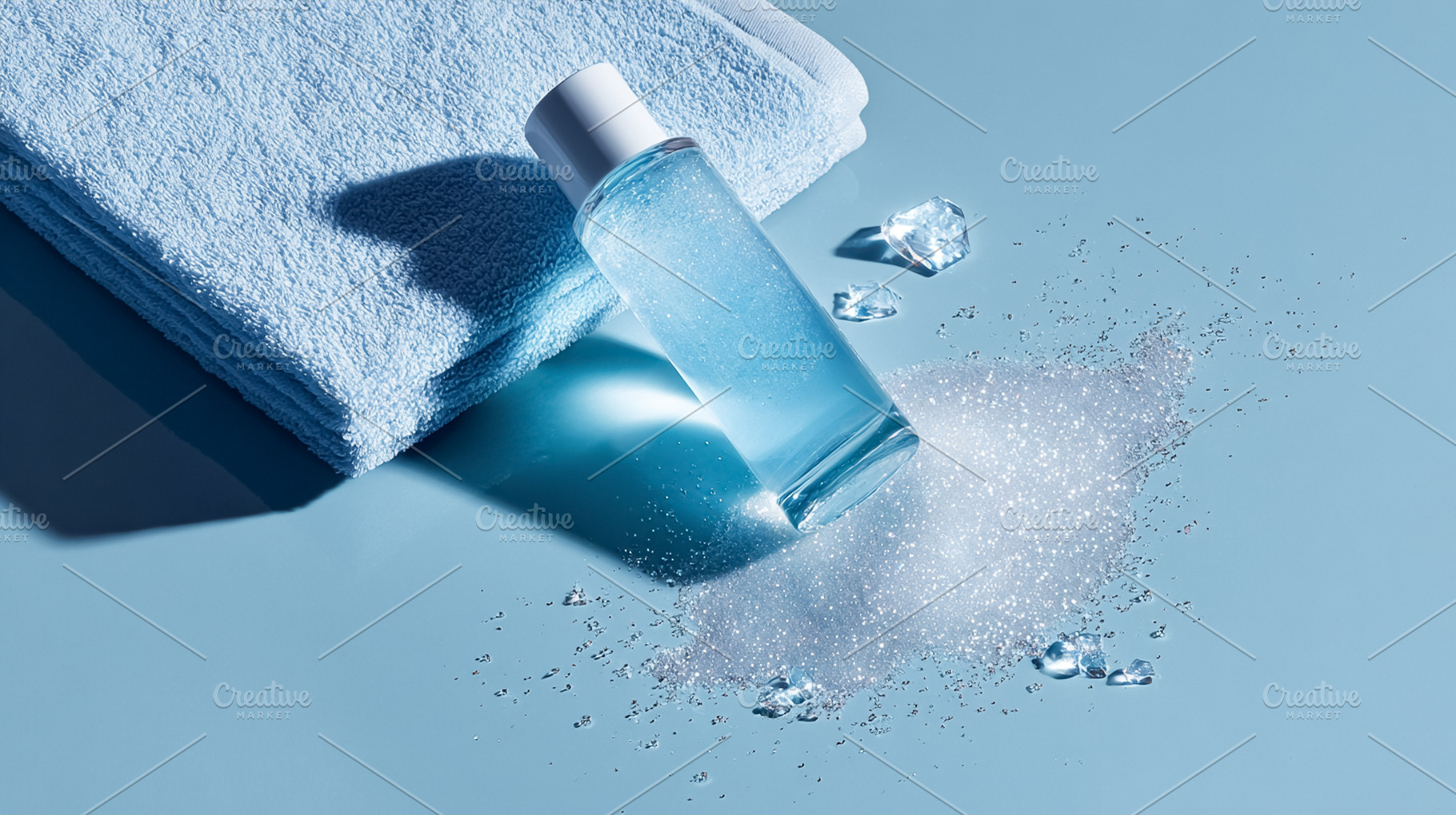 Skincare bottle with refreshing blue liquid, foam, ice, and soft, a Photo by Studio ANNA