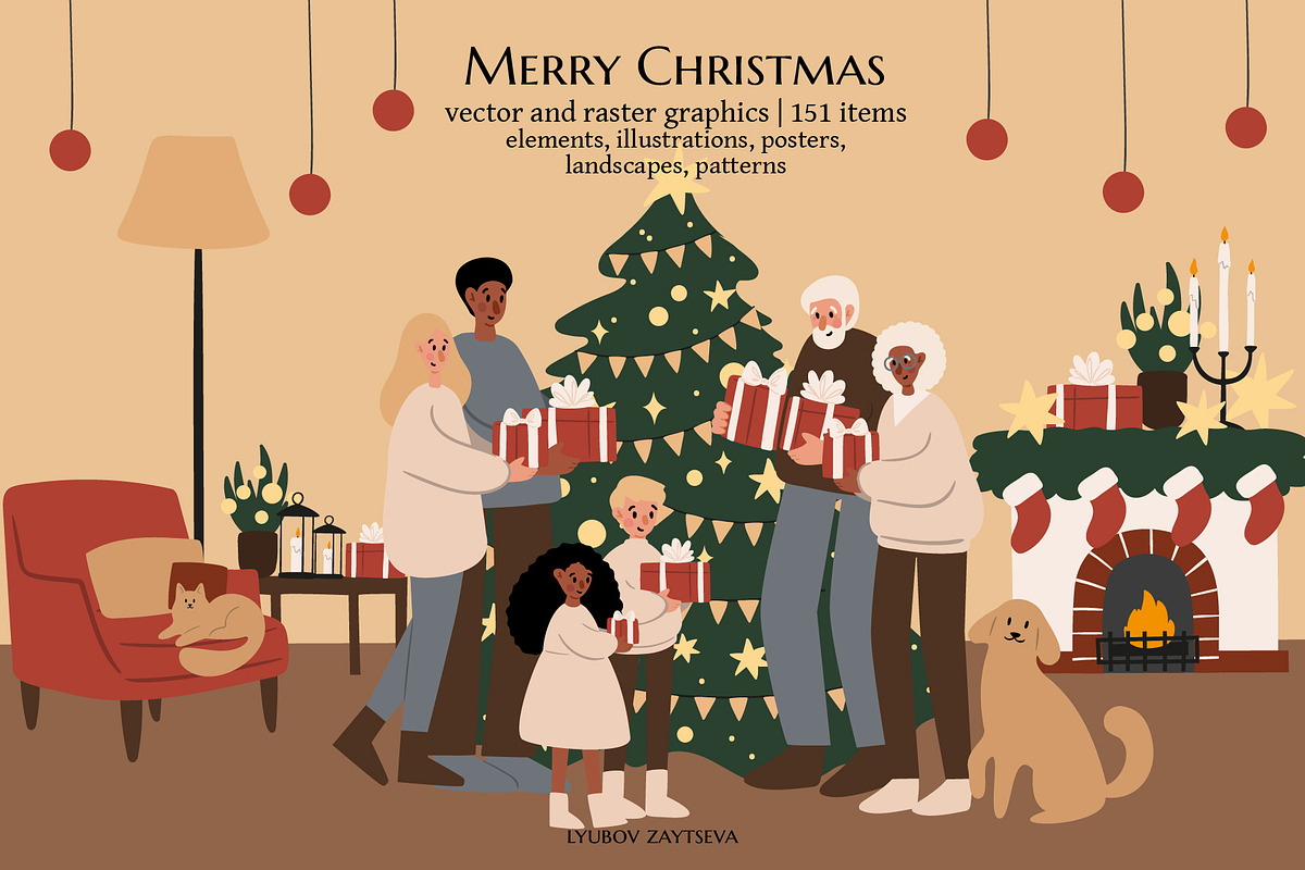 Merry Christmas clipart, a Seasonal Illustration by LyubovZaytseva (Photo 1 of 18)