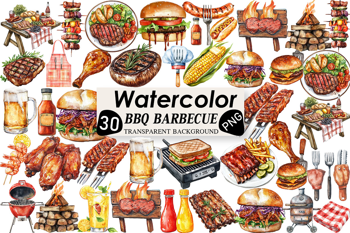 Watercolor BBQ Barbecue Clipart, an Illustration by Black Bird Studio (Photo 1 of 6)