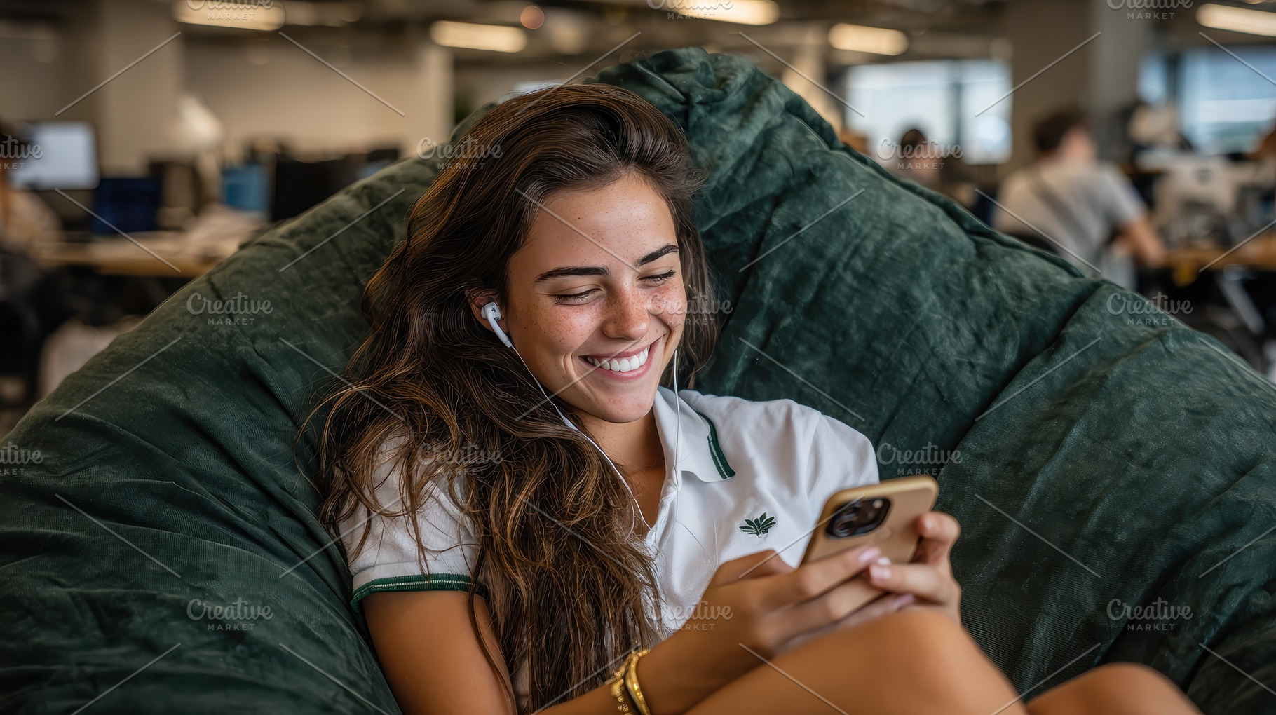 Happy woman using phone in beanbag c, a Photo by Pixeness Studio