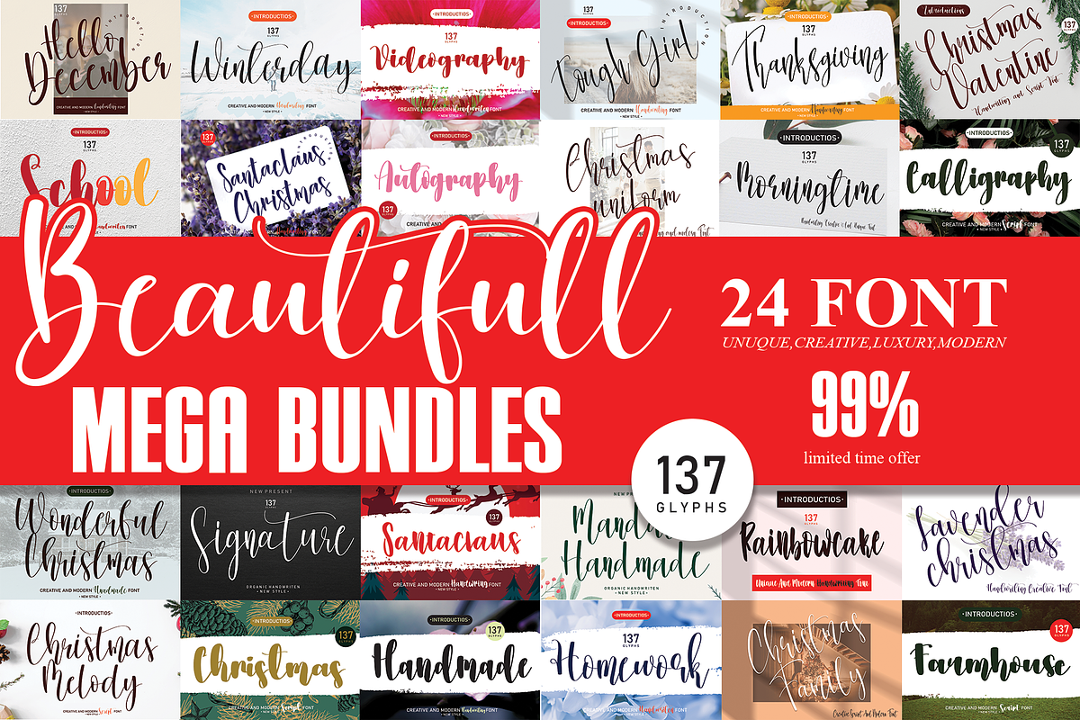 Beautifull Mega Bundles Font, a Script Font by Scratchones (Photo 1 of 25)