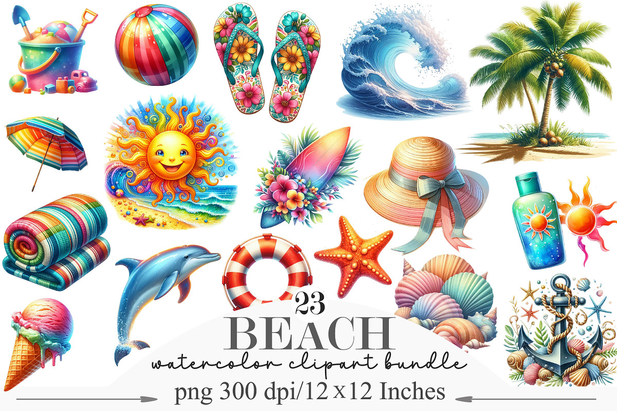Watercolor Beach Clipart, an Illustration by Designking (Photo 1 of 5)
