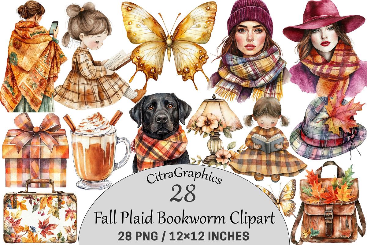 Fall Plaid Bookworm Clipart, a Seasonal Illustration by CitraGraphics (Photo 1 of 6)