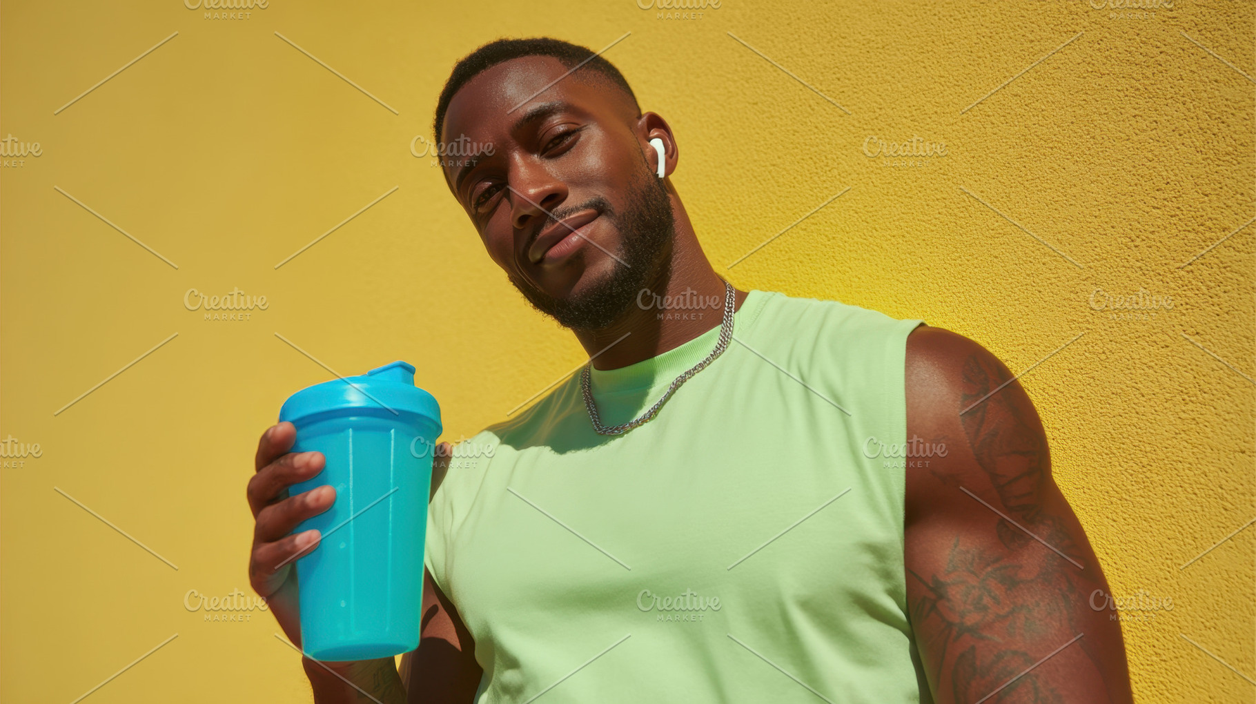 Man with shaker by yellow wall, a Photo by Beautiful things