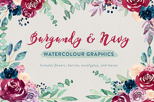 Burgundy + Navy Watercolour Flowers