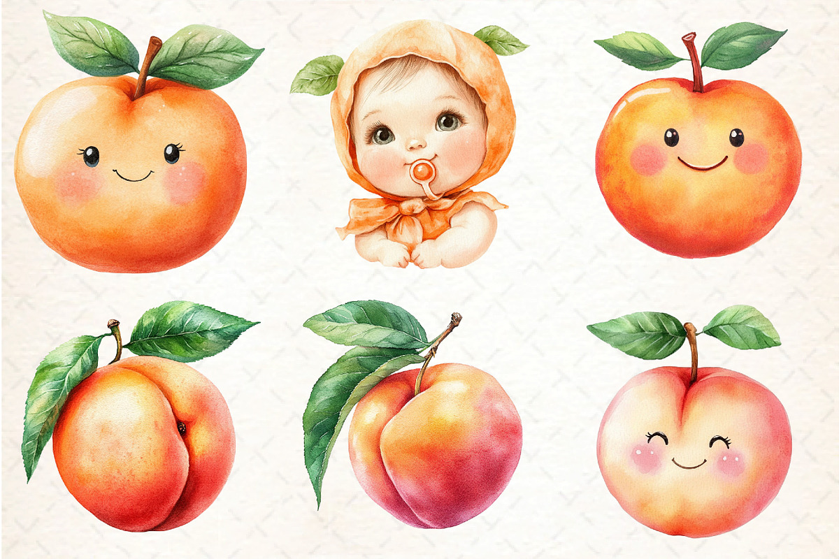 Watercolor Cute Peaches Garden Fruit, an Illustration by DreamCafeArt (Photo 2 of 8)
