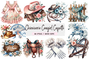 Chinoiserie Cowgirl Coquette Clipart, an Illustration by DreamArtGraphic