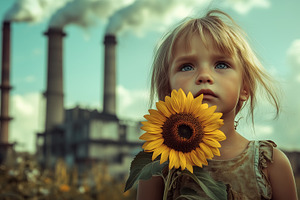Young girl holding a sunflower stand, an Industrial Photo by MistyDay