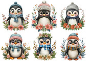 Watercolor Winter Penguin Flower, an Illustration by CraftArtStudio (Thumbnail 2 of 4)