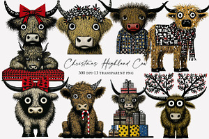 Christmas Highland Cow Clipart, an Illustration by Designworld