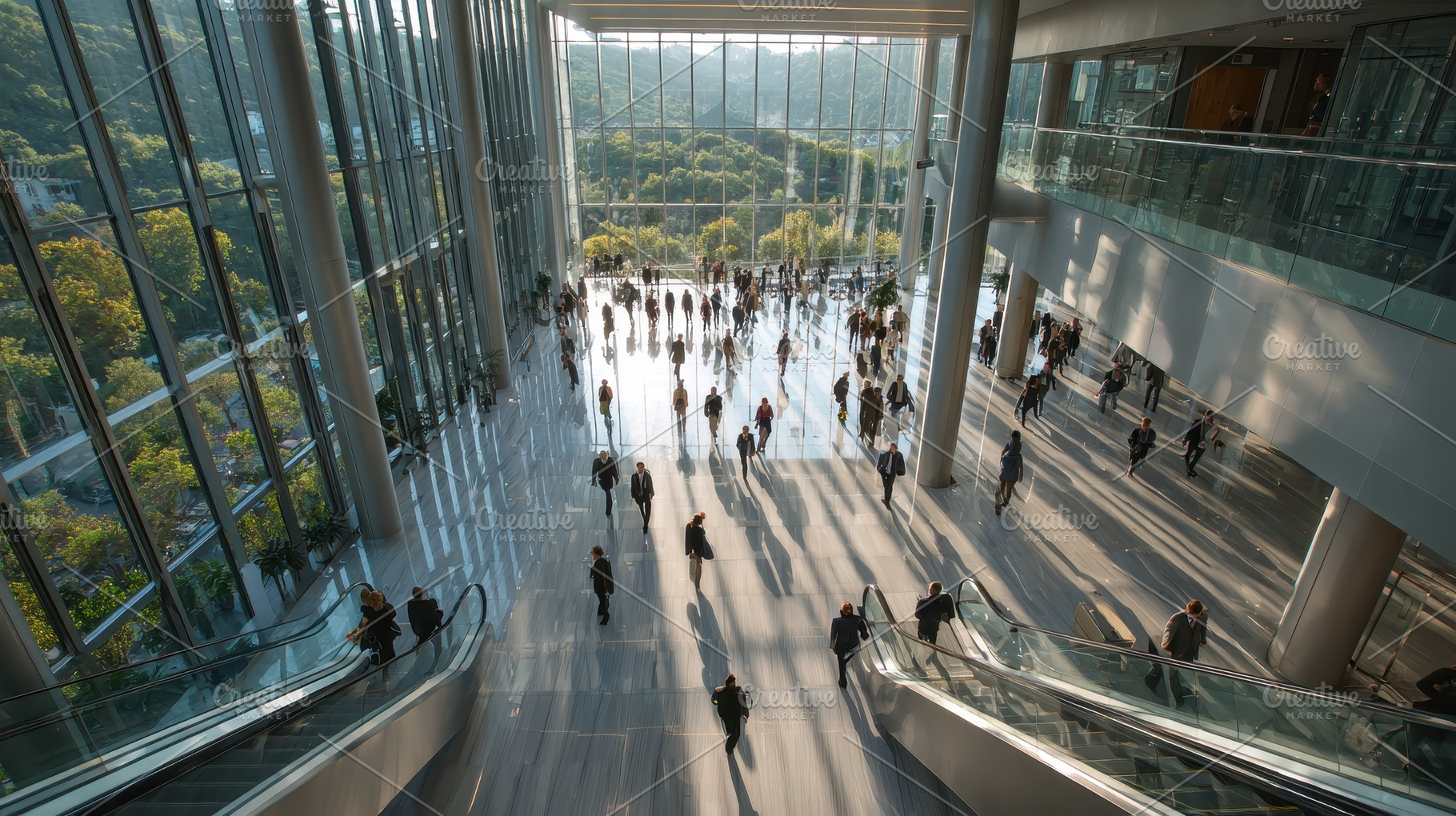 Modern building atrium people walkin, a Photo by Pixeness Studio