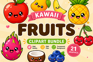 Cute Kawaii Fruits Clipart Bundle
