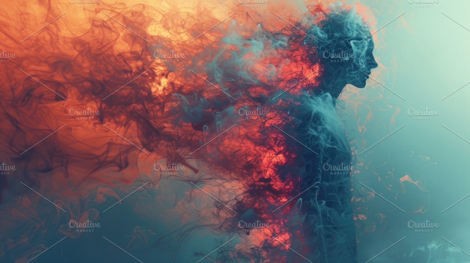 Abstract Female Silhouette Dissolving Into Red and Blue Smoke, a Background Photo by José Manuel Gelpi