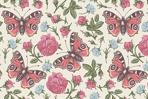 Seamless Flowers Roses Butterflies