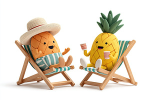 Pineapple characters relax on beach chairs with drinks in bright, cheerful sett, a Photo by AlyaAnd