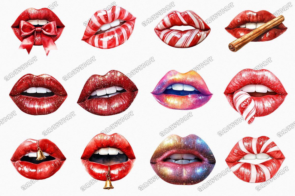 Watercolor Christmas Lips Clipart, an Illustration by designcity5 (Photo 2 of 5)