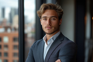 Confident young man with wavy hair in a stylish blazer, posing against a modern, a Person Photo by ImageMir
